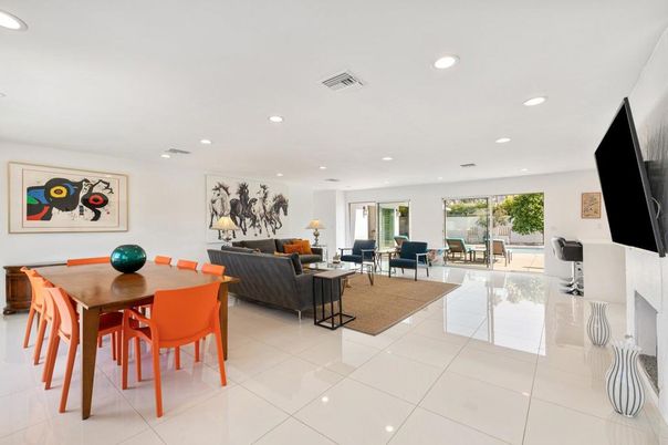 Dining room, Fireplace, Interior, Living room, Recessed Lighting