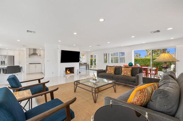 Fireplace, Interior, Kitchen, Living room, Recessed Lighting, Stainless Steel Appliances