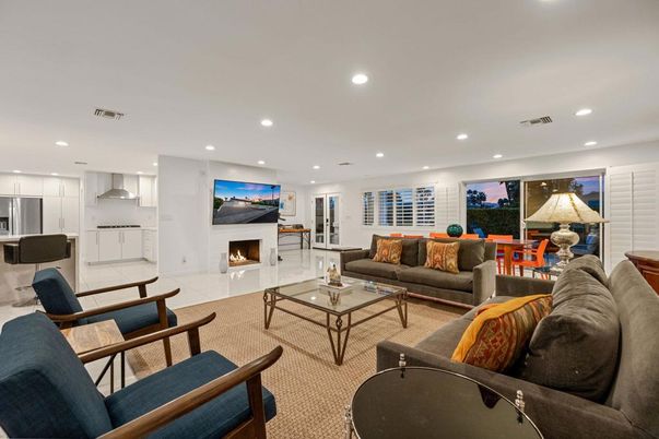 Fireplace, Interior, Kitchen, Living room, Recessed Lighting