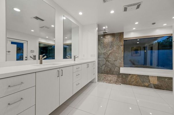 Bathroom, Dual Sink Vanities, Interior, Marble Walls, Recessed Lighting