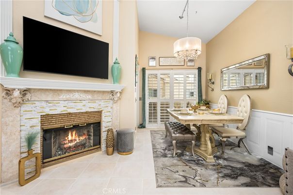 Dining room, Fireplace, Interior, Pendant Lights