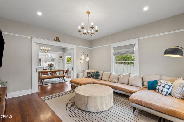 Chandelier, Dining room, Interior, Living room, Recessed Lighting, Wood Texture Flooring