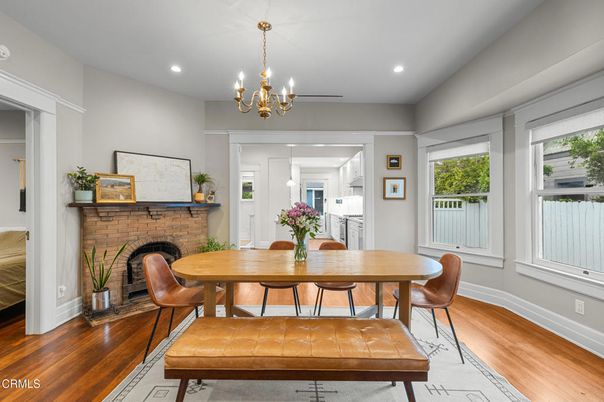 Chandelier, Dining room, Fireplace, Interior, Recessed Lighting, Wood Texture Flooring