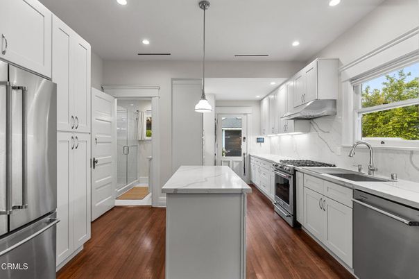 Interior, Kitchen, Pendant Lights, Recessed Lighting, Stainless Steel Appliances, Wood Texture Flooring