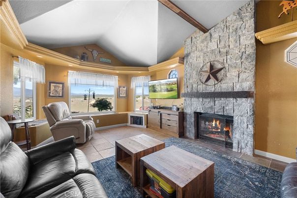 Fireplace, Interior, Living room, Recessed Lighting, Stone Walls