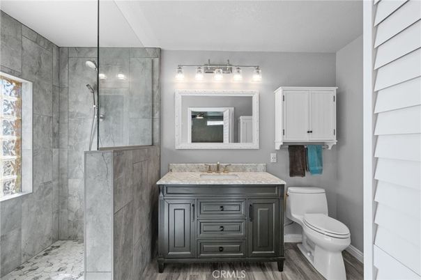 Bathroom, Glass Shower, Interior, Wood Texture Flooring