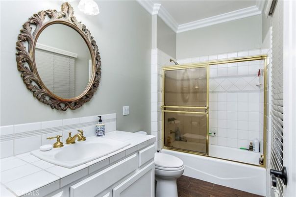 Bathroom, Glass Shower, Interior, Tile Countertops, Wood Texture Flooring