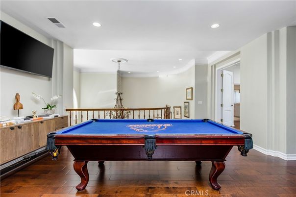 Billiard Table, Game Room, Interior, Pendant Lights, Recessed Lighting, Wood Texture Flooring