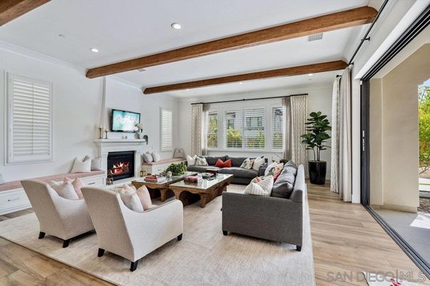 Fireplace, Interior, Living room, Recessed Lighting, Wooden Beams, Wood Texture Flooring