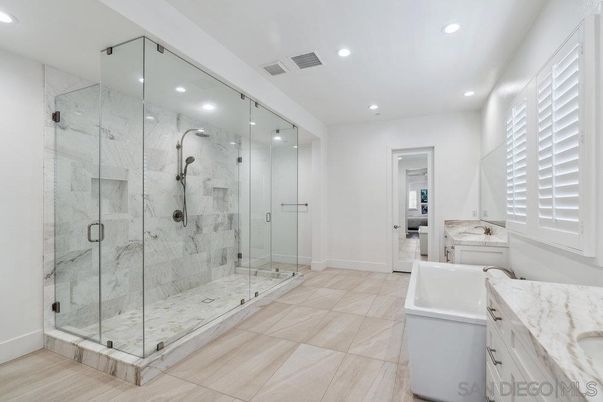 Bathroom, Glass Shower, Interior, Marble Walls, Recessed Lighting