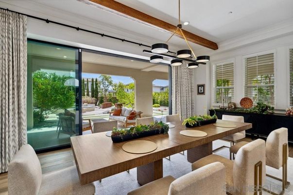 Dining room, Interior, Pendant Lights, Recessed Lighting, Wooden Beams, Wood Texture Flooring