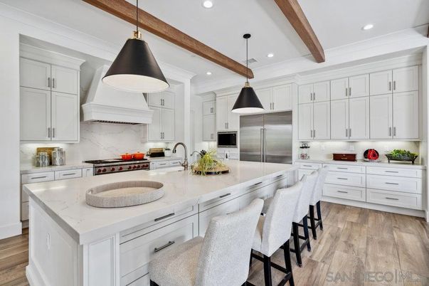 Interior, Kitchen, Pendant Lights, Recessed Lighting, Stainless Steel Appliances, Wooden Beams, Wood Texture Flooring