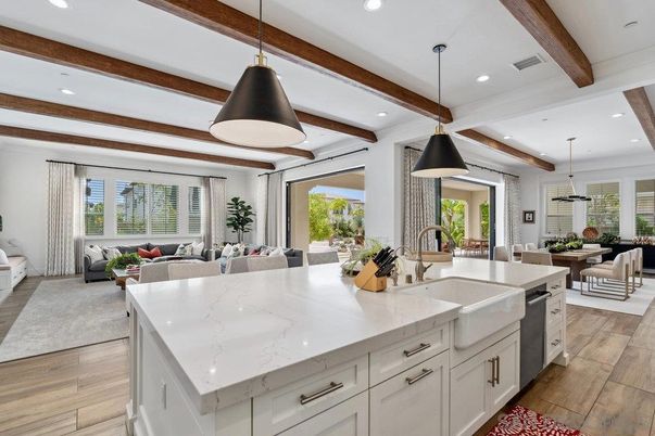 Dining room, Interior, Kitchen, Living room, Pendant Lights, Recessed Lighting, Wooden Beams, Wood Texture Flooring