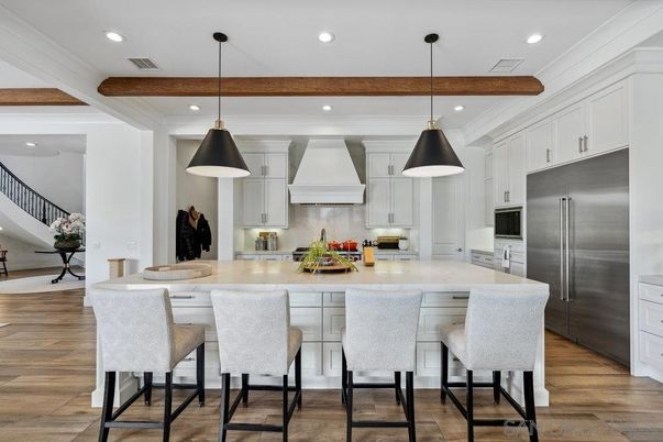 Interior, Kitchen, Pendant Lights, Recessed Lighting, Stainless Steel Appliances, Wooden Beams, Wood Texture Flooring