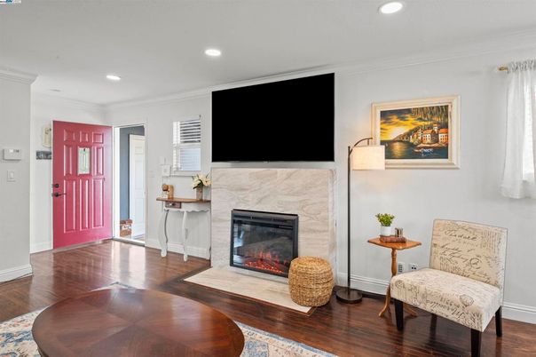 Fireplace, Interior, Recessed Lighting, Wood Texture Flooring