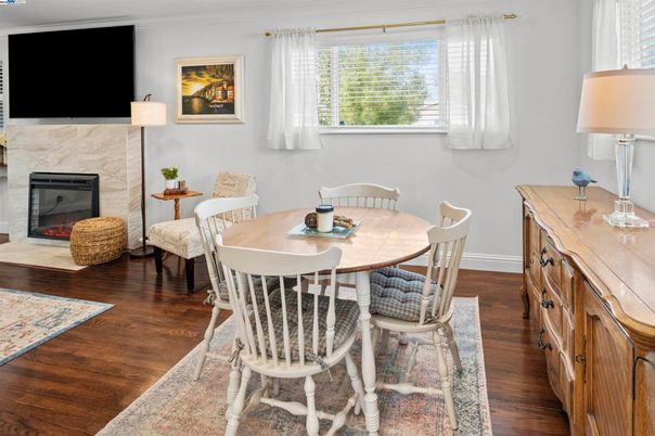Dining room, Fireplace, Interior, Wood Texture Flooring