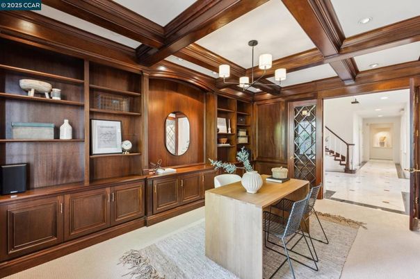 Chandelier, Home Office, Interior, Recessed Lighting, Wooden Beams, Wooden Walls