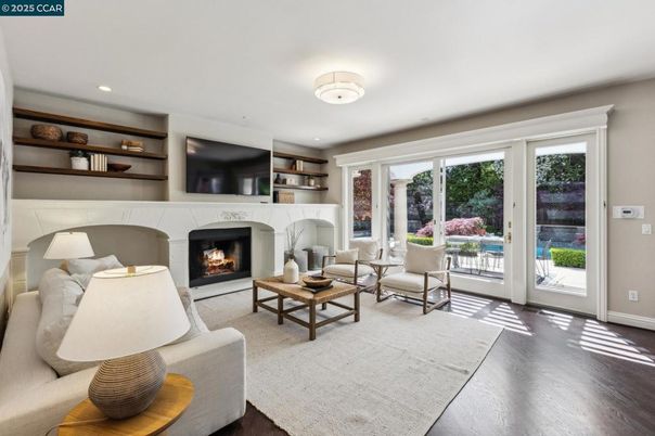 Fireplace, Interior, Living room, Recessed Lighting, Wood Texture Flooring