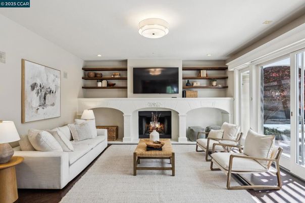 Fireplace, Interior, Living room, Recessed Lighting, Wood Texture Flooring