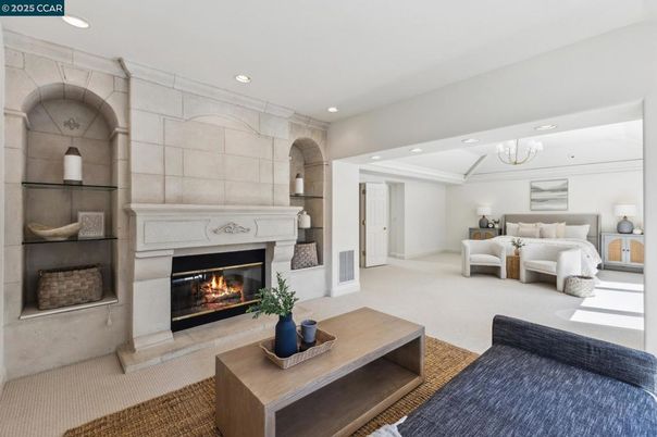 Bedroom, Chandelier, Fireplace, Interior, Living room, Recessed Lighting