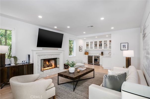 Fireplace, Interior, Living room, Recessed Lighting, Wood Texture Flooring