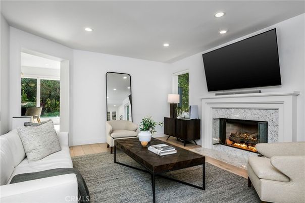 Fireplace, Interior, Living room, Recessed Lighting, Wood Texture Flooring