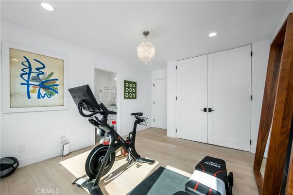 Chandelier, Fitness Equipment, Interior, Recessed Lighting, Wood Texture Flooring