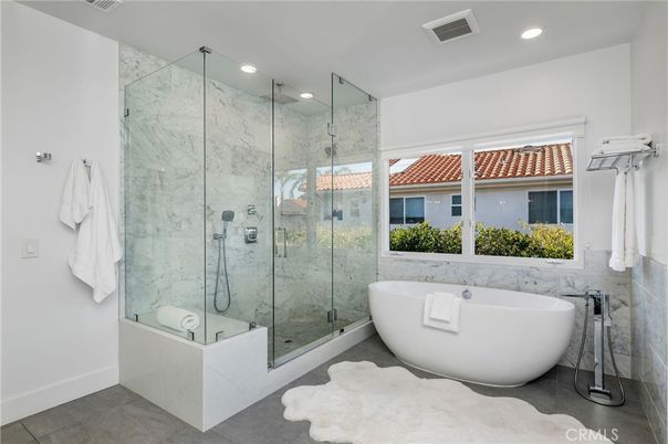 Bathroom, Free Standing Baths, Glass Shower, Interior, Marble Walls, Recessed Lighting