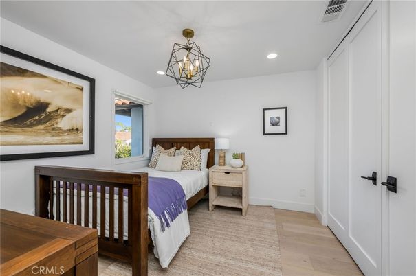 Bedroom, Chandelier, Interior, Recessed Lighting, Wood Texture Flooring