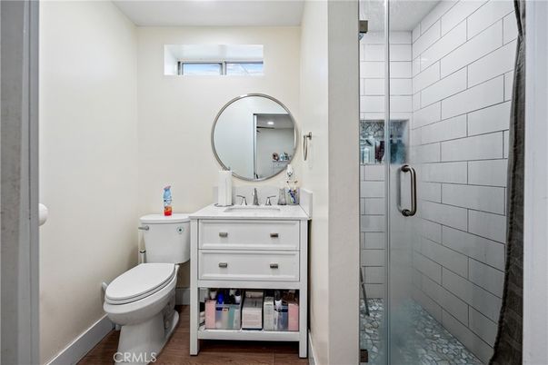 Bathroom, Glass Shower, Interior, Wood Texture Flooring