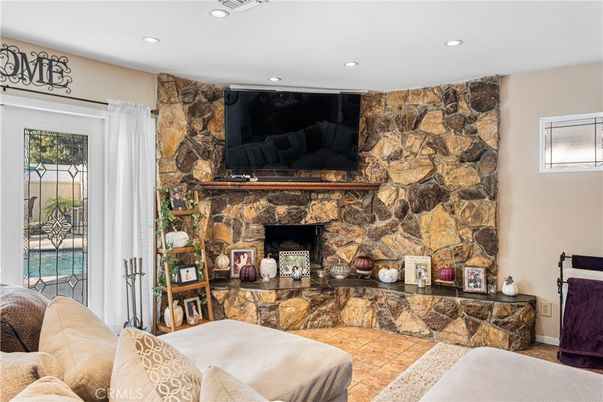 Fireplace, Interior, Recessed Lighting, Stone Walls