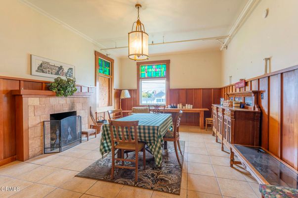 Dining room, Fireplace, Interior, Pendant Lights