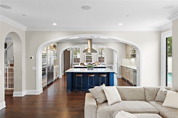 Interior, Kitchen, Living room, Recessed Lighting, Stainless Steel Appliances, Wood Texture Flooring