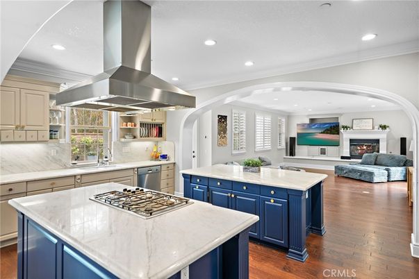 Fireplace, Interior, Kitchen, Living room, Recessed Lighting, Stainless Steel Appliances, Wood Texture Flooring