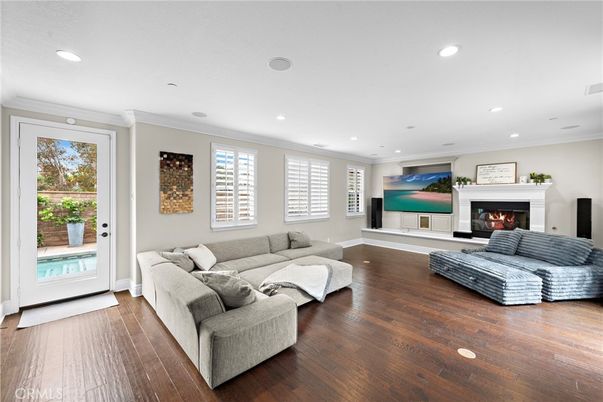 Fireplace, Interior, Living room, Recessed Lighting, Wood Texture Flooring