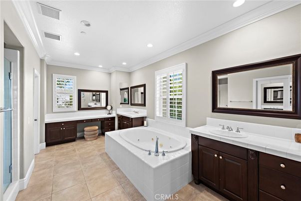 Bathroom, Dual Sink Vanities, Interior, Recessed Lighting, Tile Countertops