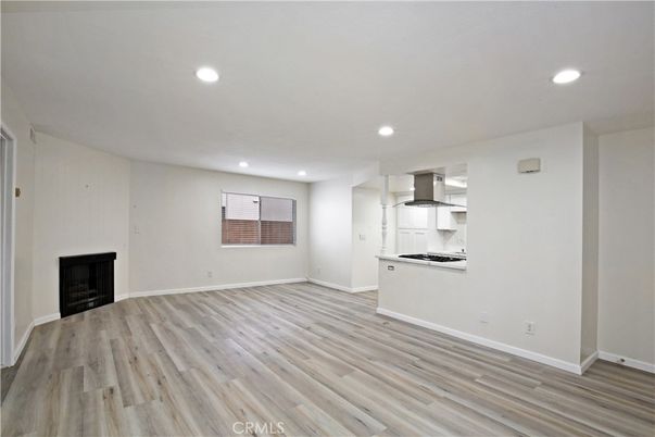 Empty room, Interior, Kitchen, Recessed Lighting, Wood Texture Flooring