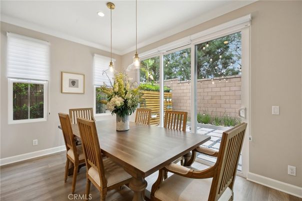 Dining room, Interior, Pendant Lights, Recessed Lighting, Wood Texture Flooring