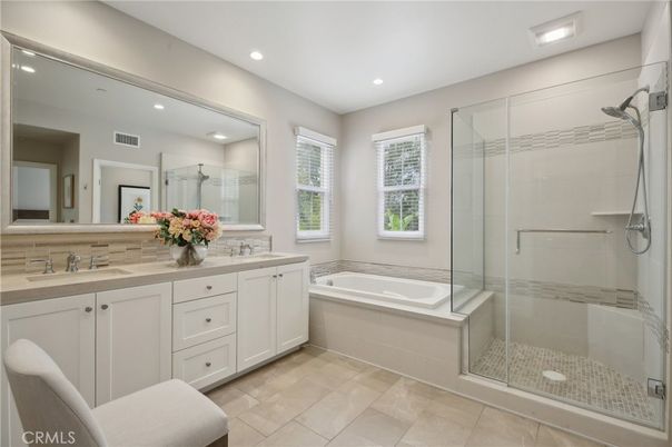 Bathroom, Dual Sink Vanities, Glass Shower, Interior, Recessed Lighting