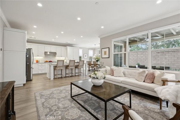 Dining room, Interior, Kitchen, Living room, Pendant Lights, Recessed Lighting, Stainless Steel Appliances, Wood Texture Flooring