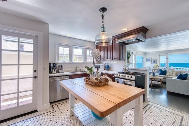 Interior, Kitchen, Living room, Pendant Lights, Recessed Lighting, Stainless Steel Appliances, Water, Wood Texture Flooring