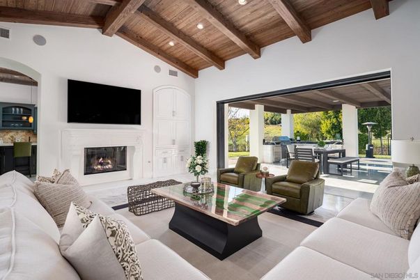 Dining room, Fireplace, Interior, Living room, Recessed Lighting, Wooden Beams, Wooden Ceilings