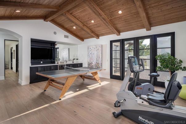 Fitness Equipment, Game Room, Interior, Recessed Lighting, Wooden Beams, Wooden Ceilings, Wood Texture Flooring