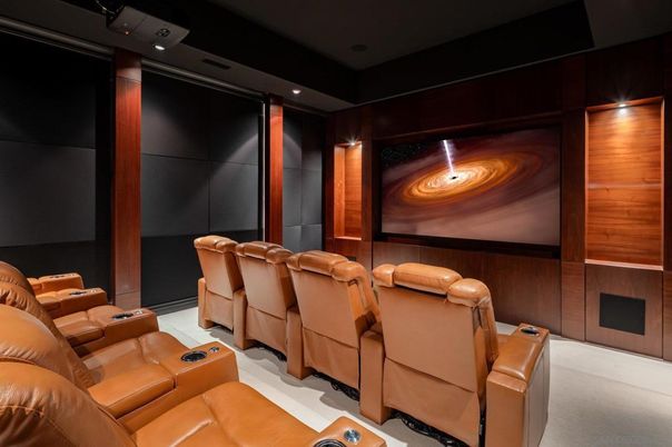 Home Theatre Room, Interior, Projection Screen, Recessed Lighting, Theatre Room, Wooden Walls