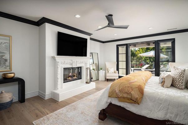 Bedroom, Fireplace, Interior, Recessed Lighting, Wood Texture Flooring