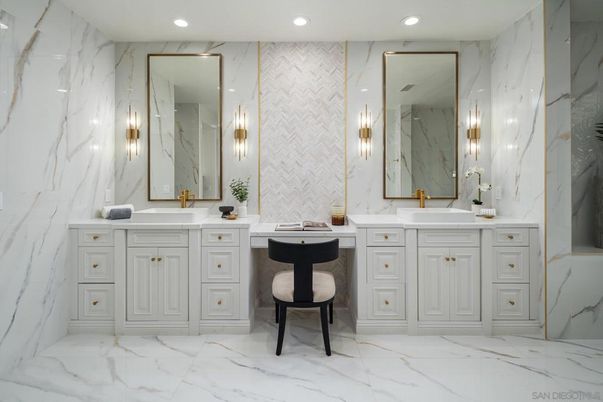 Bathroom, Dual Sink Vanities, Interior, Marble, Marble Walls, Recessed Lighting