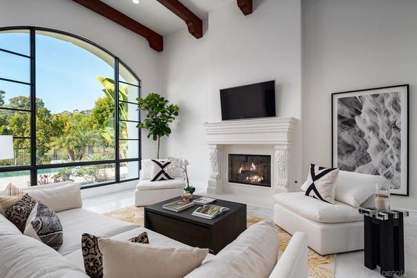 Fireplace, Interior, Living room, Recessed Lighting, Wooden Beams