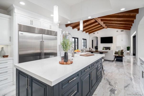 Interior, Kitchen, Living room, Marble, Pendant Lights, Recessed Lighting, Stainless Steel Appliances, Wooden Beams, Wooden Ceilings
