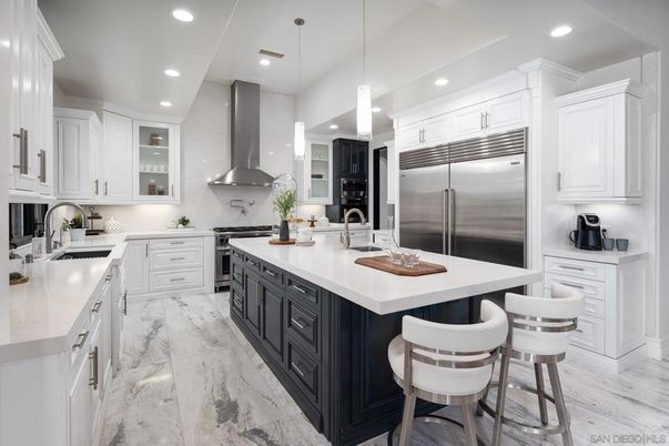 Interior, Kitchen, Marble, Pendant Lights, Recessed Lighting, Stainless Steel Appliances