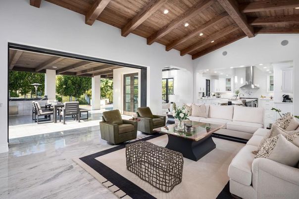 Dining room, Interior, Kitchen, Living room, Marble, Recessed Lighting, Stainless Steel Appliances, Wooden Beams, Wooden Ceilings